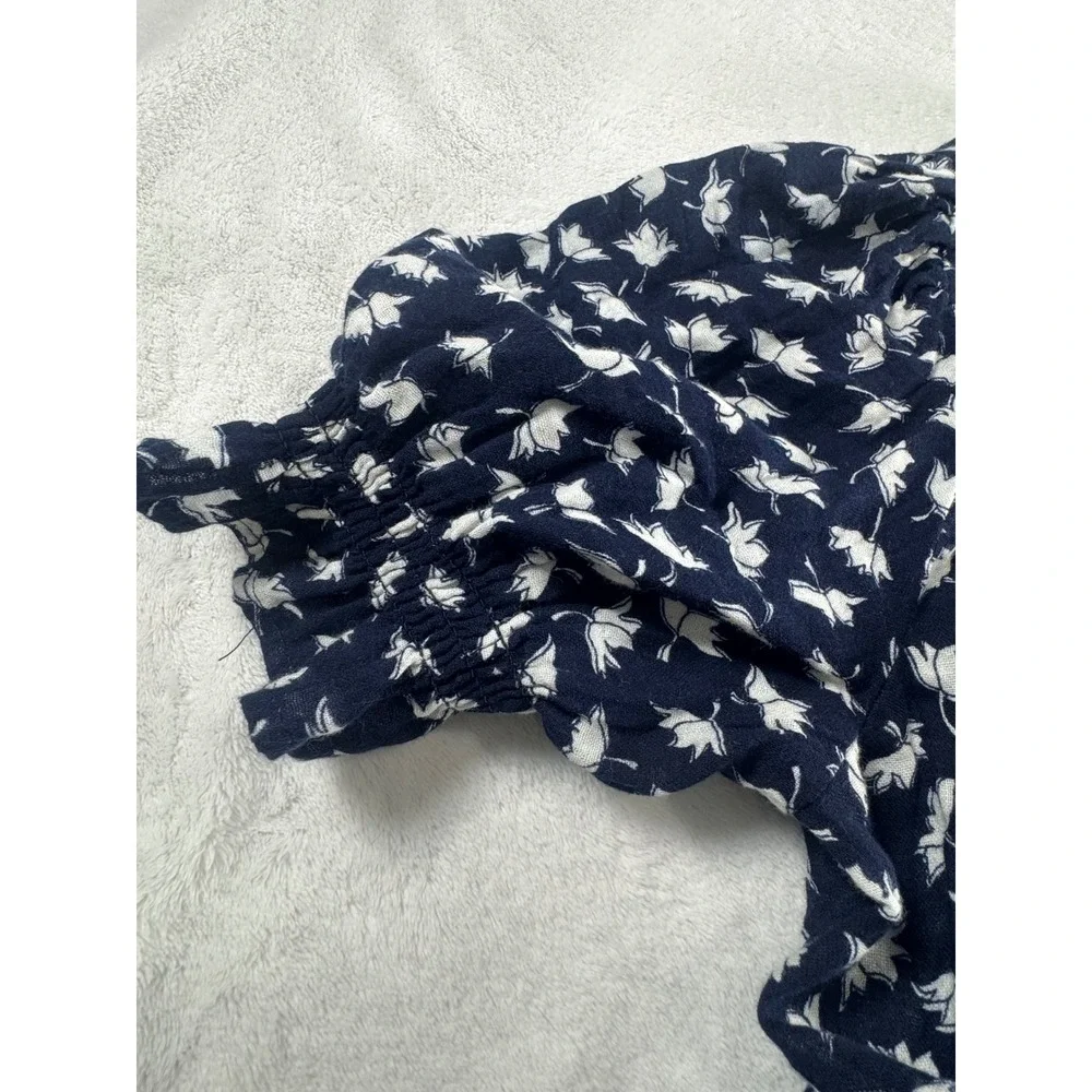 Time and Tru Navy Floral Smocked Drop Waist Cotton Mini Dress L 12-14